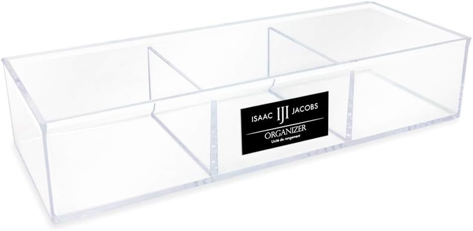 Isaac Jacobs Large 3-Compartment Acrylic Stackable Organizer (12.9" L x 5" W x 2.7" H), Multi-Sectional Tray & Storage Solution for Makeup, Craft Supplies, Bathroom, Kitchen, Office (Clear)