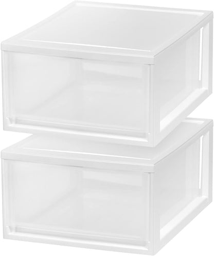 IRIS USA 47 Qt. Extra-Large Stackable Storage Drawer Plastic Drawer Organizer with Clear Doors, for Pantry Bedroom Closet Kitchen Under-Sink Home and Office De-Clutter Shoes and Crafts, White, 2-Pack