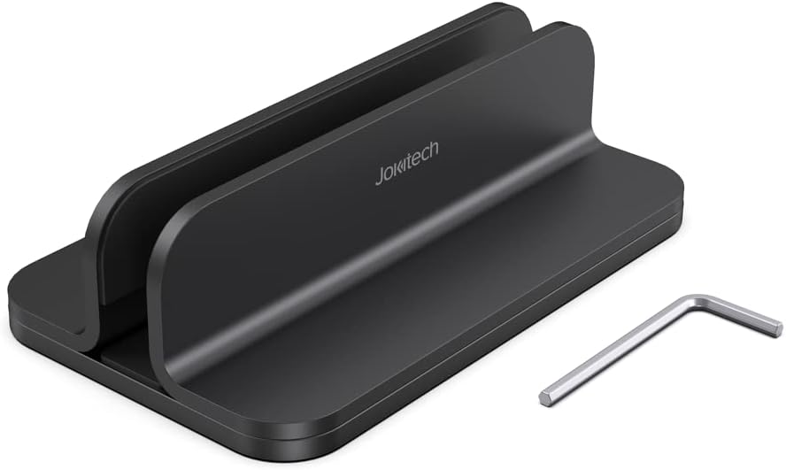 JOKItech Aluminum Laptop Vertical Stand Organizer, Sturdy Laptop Computer Holder Desktop Stand Compatible with new Retina Apple MacBook Pro/Air/Neo, Mac mini & iPad Pro - Black