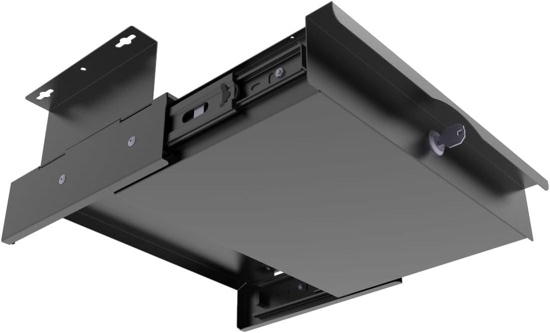 Under Desk Drawer Sliding Out Attachment with Shell, 15.6" x 10" x 5.07" Pull Out Lockable Drawer Storage Organizer with Cable Mangement for Workbench or Standing Desk with High Crosspiece