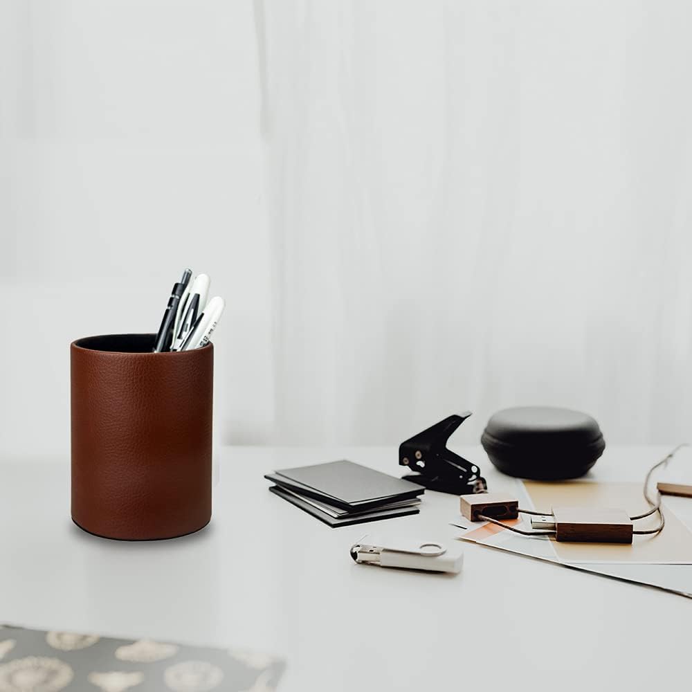 Dark Brown Pen Holder, Leather Pencil Holder, Simple Desktop pen cup, Elegant pen holder for desk, Stationery Organizer for Office School Home Dorm (Brown)
