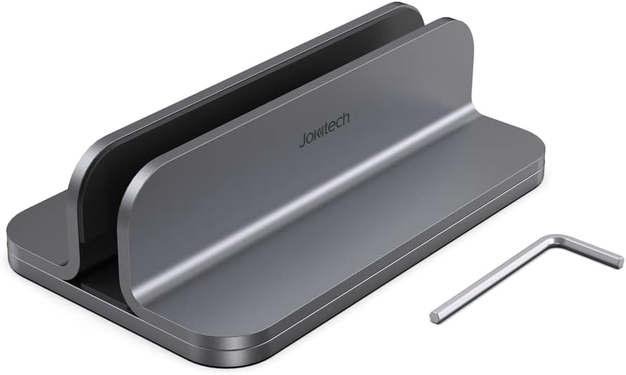 JOKItech Aluminum Laptop Vertical Stand Organizer, Sturdy Laptop Computer Holder Desktop Stand Compatible with new Retina Apple MacBook Pro/Air/Neo, Mac mini & iPad Pro - Black