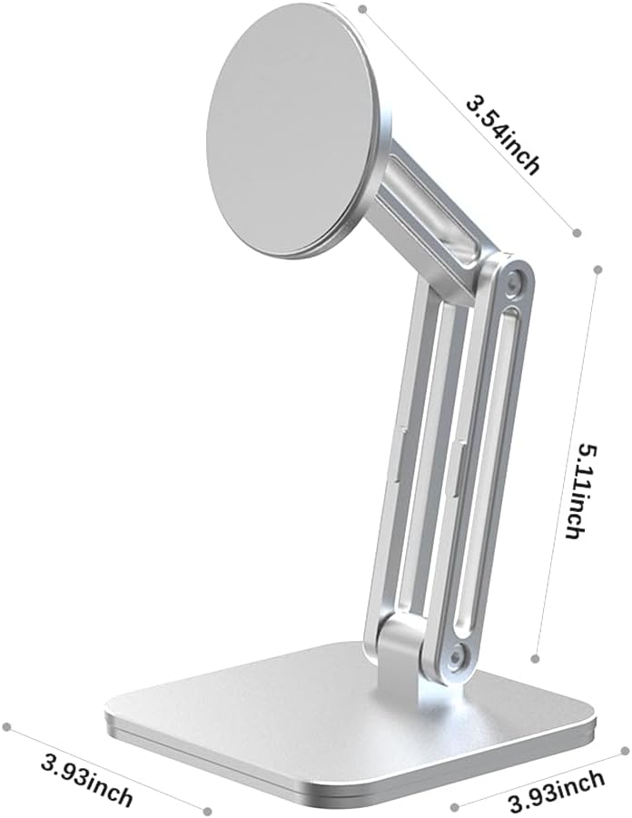Magnetic Phone Stand for Desk, Heightened Adjustable Foldable, Compatible with iPhone 16/15/14/13/12 All Series/Mag-Safe Case (Silver)