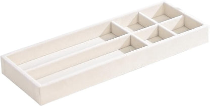 Divided Drawer Organizer Tray, Velvet Jewelry Storage Tray, Necklace Bracelet Ring Earring Display Tray,Bedside Nightstand Desk Holder Tray for Phone Watch Sunglasses Cosmetics Storage/Beige/1grid