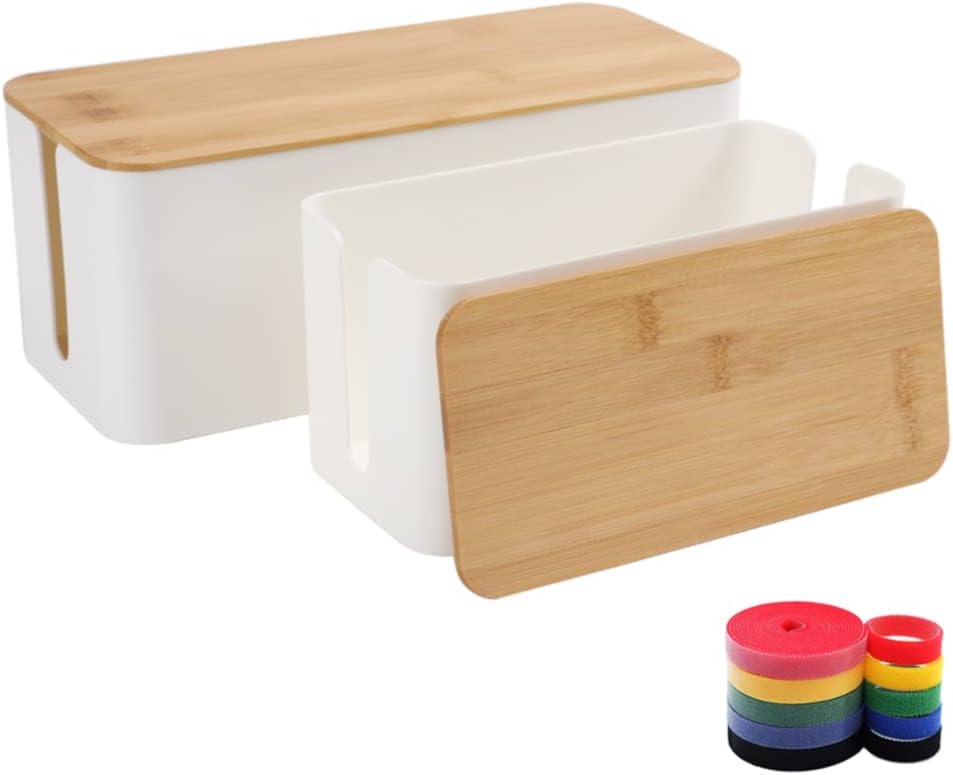 Cable Management Box Organizer, Set of 3 Bamboo Lid Storage Wires Holder to Cover Hide Surge Protector, Power Strips & Cords- with 5 Cables Fastening Tapes for Home, Office, Desk, PC, TV, USB Hub