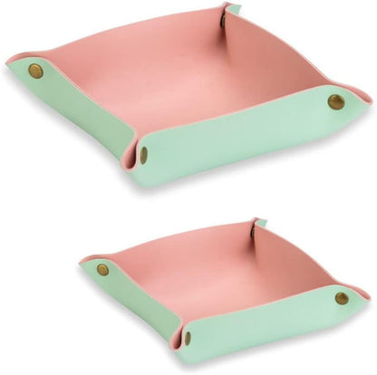 Leather Travel Tray, Valet Tray, Stylish Folding Travel Organizer Tray for Women and Man, Jewelry Tray, Wallet Tray, Key Tray for Entryway Table and Dresser Nightstand Trays (Light Green&Pink)
