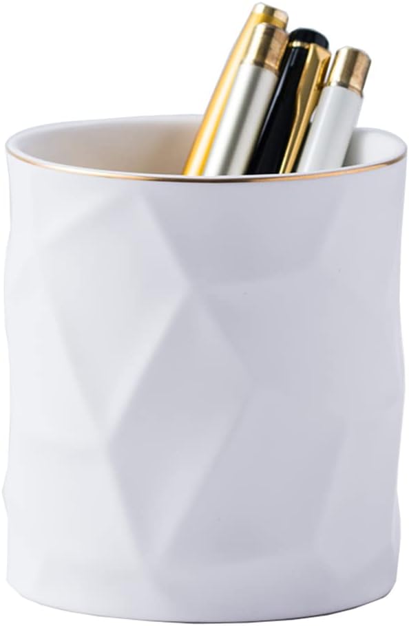 Ceramic Irregular Round Pen Holder For Desk Cute Stand Gold Line Aesthetic Pencil Cup Pot Desk Organizer for Men Women Makeup Brush Holder (Black)