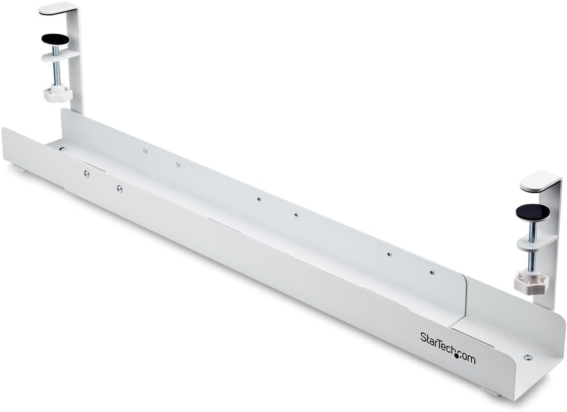 StarTech.com Under Desk Cable Management Tray - Office/Standing Desk Cable Tray Organizer - Desk/Table Mount Holder for Cords/Wire/Power Strip - Computer Cable Manager - 23-1/2"L x 4-1/2"D (UDCMTRAY)
