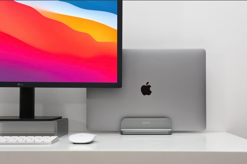 JOKItech Aluminum Laptop Vertical Stand Organizer, Sturdy Laptop Computer Holder Desktop Stand Compatible with new Retina Apple MacBook Pro/Air/Neo, Mac mini & iPad Pro - Black