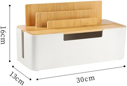 Cable Management Box with Wooden Lid, Multi-Device Organizer for Phones/Tablets/Smartwatches, Desktop Cord Organizer for Tidy Workspace (Black)