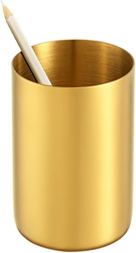 Gold Pen Holder for Desk, 3.9 Inch Stainless Steel Pencil Cup & Makeup Brush Organizer, Multi-Purpose Office and Vanity Desk Accessory for Women, Elegant Gold Home Decor