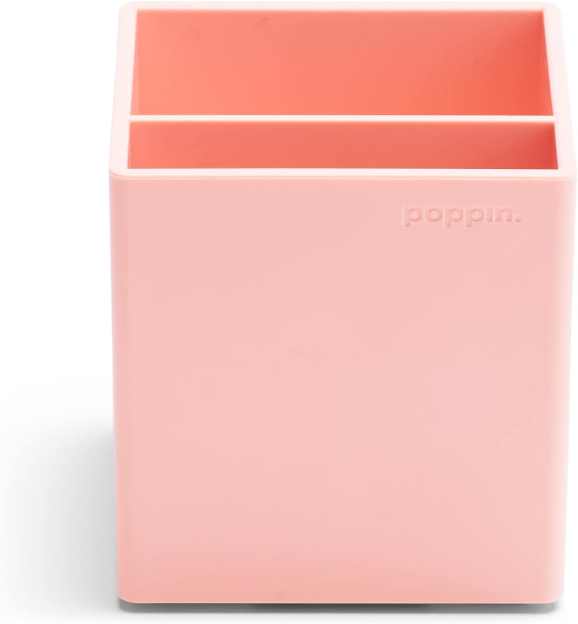 Poppin Pen Holder with 2 Compartments - Sturdy Plastic Pen Cup for Desk, Lacquer-like Finish, Blush Pink