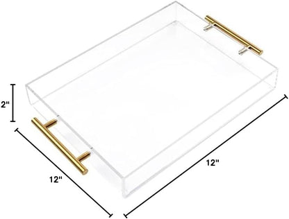 12"x16" Clear Acrylic Serving Tray with Golden Handles, Sturdy Huge Capacity Acrylic Tray for Coffee, Juice, Kitchen and Desk Organizer, Storage Tray (12"x16")