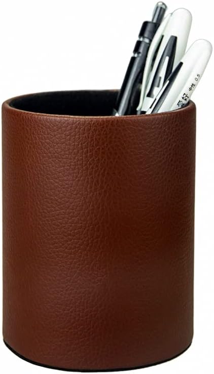 Leather Pen Holder, Brown Pencil Holder, Desktop Elegant Pen Holder for Desk, Stationery Organizer for School Office Home Dorm (3.3" x 3.3" x 4", Brown)