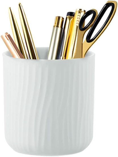 Round Ceramic Pen Holder for Desk Cute Pencil Cup Pot Desk Organizer for Girls Kids Makeup Brush Holder White