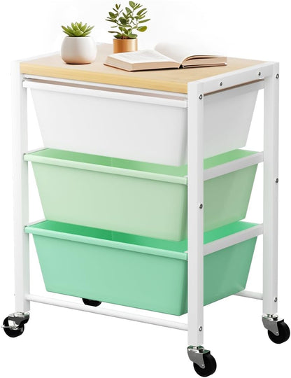Rolling Cart with 3 Drawers, Plastic Drawer Storage Carts with Lockable Wheels & Wooden Tabletop, Metal Utility Cart Organizer, Office Bedroom Classroom Craft Organization and Storage, Bright White