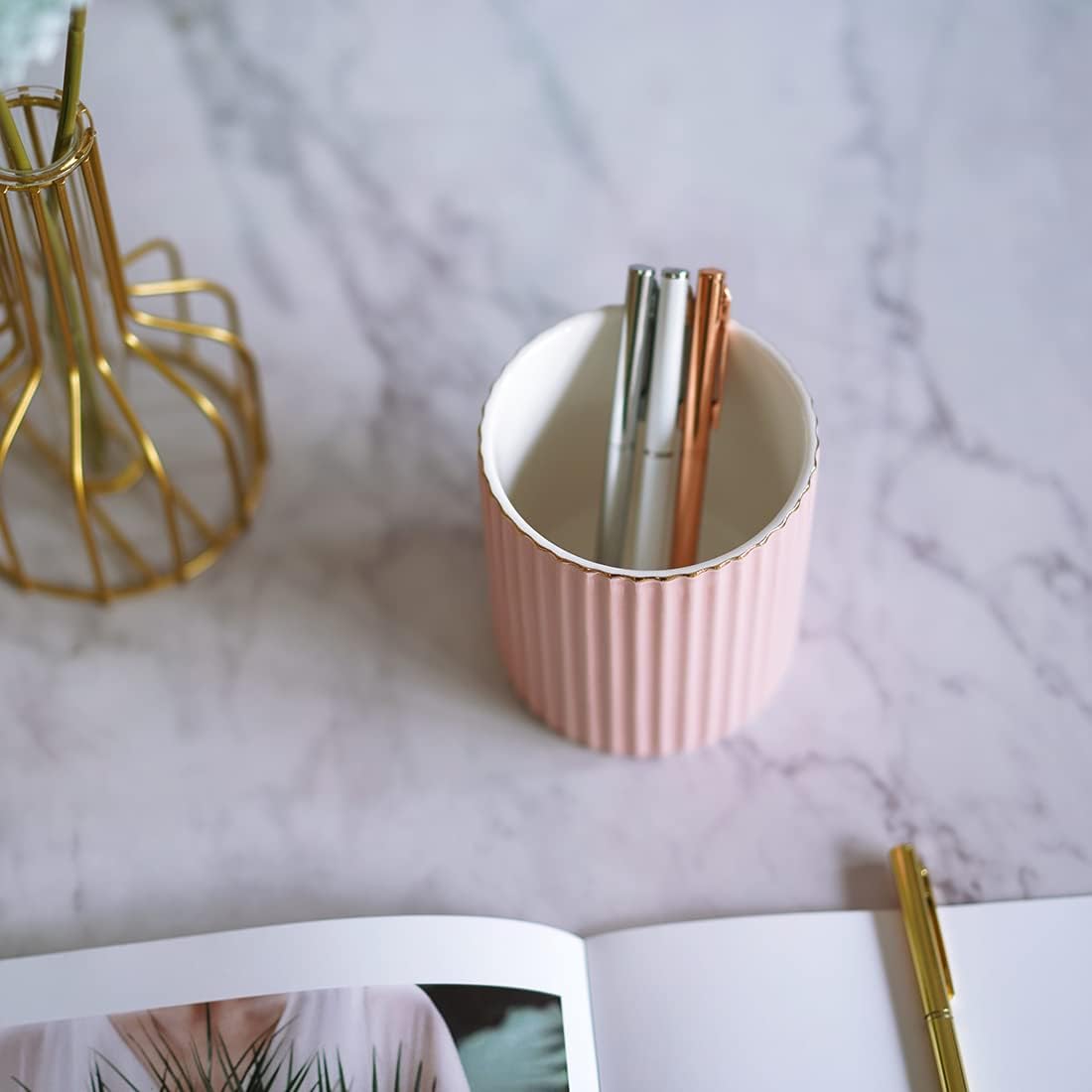 CROWNOS Pen Holder for Desk, Ceramic Pencil Cup Office Desk Organizer, Makeup Brush Holder, White