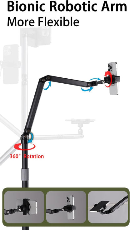 Heavy Duty Overhead Phone Stand for Desk Video Recording for iPhone Holder, with Extension Arm, 360° Swivel, for Filming, Meeting, Cooking, Painting and Crafting