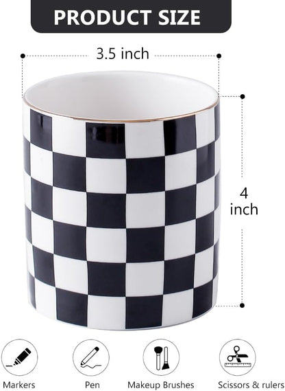 Ceramic Checkered Pen Holder For Desk Cute Stand Gold Line Pencil Cup Pot Desk Organizer, Office Desktop Decor, Makeup Brush Holder for Girls,Women (Black-white)