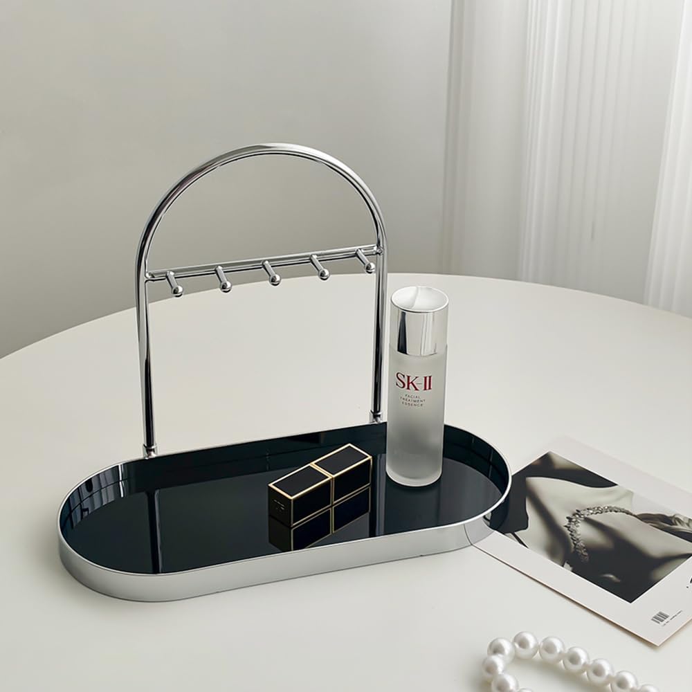 Shinpuru Metal Jewelry Organizer Stand & Key Holder Tray with Acrylic Base, Key Stand and Jewelry Tray with 5 Hooks, Perfect Key Bowl, Valet Key Tray, Ring Holder, Jewelry Dish (Silver Black)