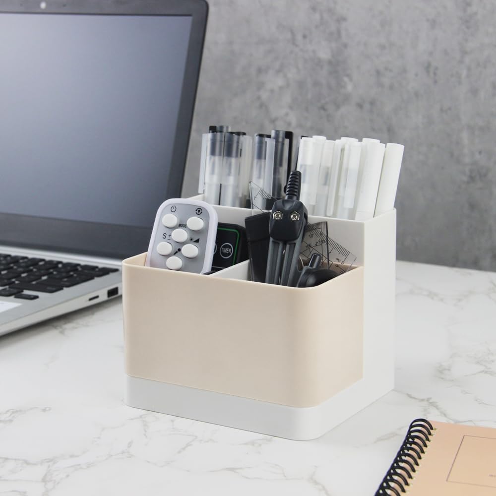 Poeland Desktop Storage Organizer, Pen and Pencil Cases Boxes, Pen or Pencil Holder Box Container for Desk, Office Supplies, Vanity Table Tan