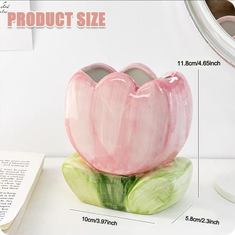 Ceramic Pen Holder for Office Desk, Pink Makeup Brush Holder, Cute Pencil Holder Tulips Home Decor Birthday Gifts for Women Vanity Toothbrush Holder Kawaii Kitchen Utensil Holder