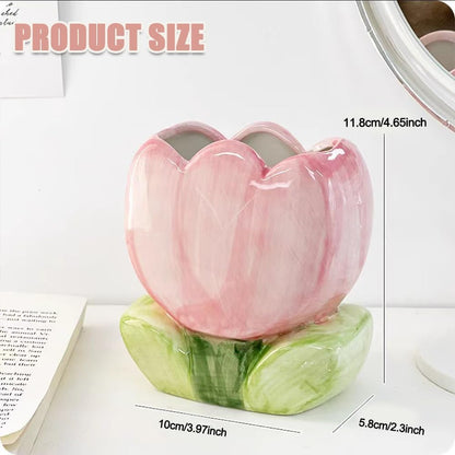 Ceramic Pen Holder for Office Desk, Pink Makeup Brush Holder, Cute Pencil Holder Tulips Home Decor Birthday Gifts for Women Vanity Toothbrush Holder Kawaii Kitchen Utensil Holder