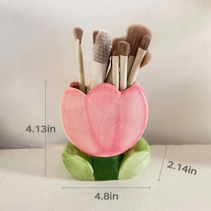 AMZWISH Pink Pen Holder, Ceramic Tulip Flower Design Makeup Brush Holder Stand for Countertop, Vanity Table, Desk Organizer for Bathrooms, Kitchens, Office