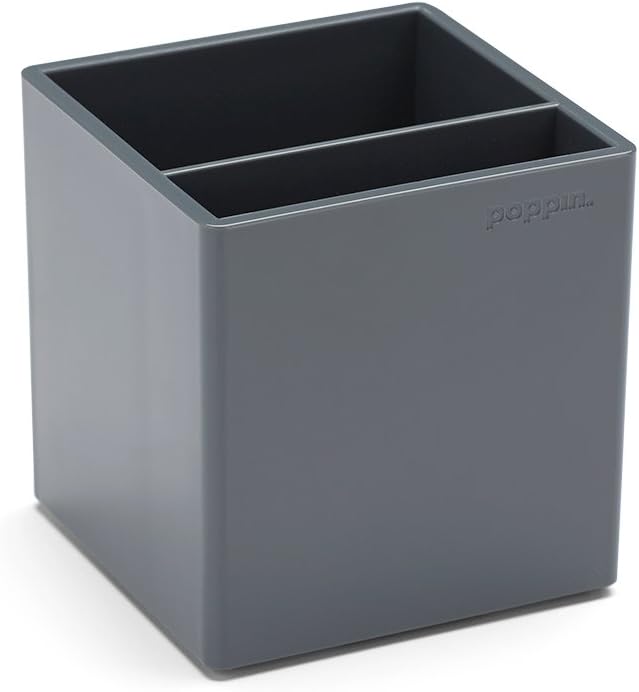 Poppin Pen Holder with 2 Compartments - Sturdy Plastic Pen Cup for Desk, Lacquer-like Finish, Blush Pink