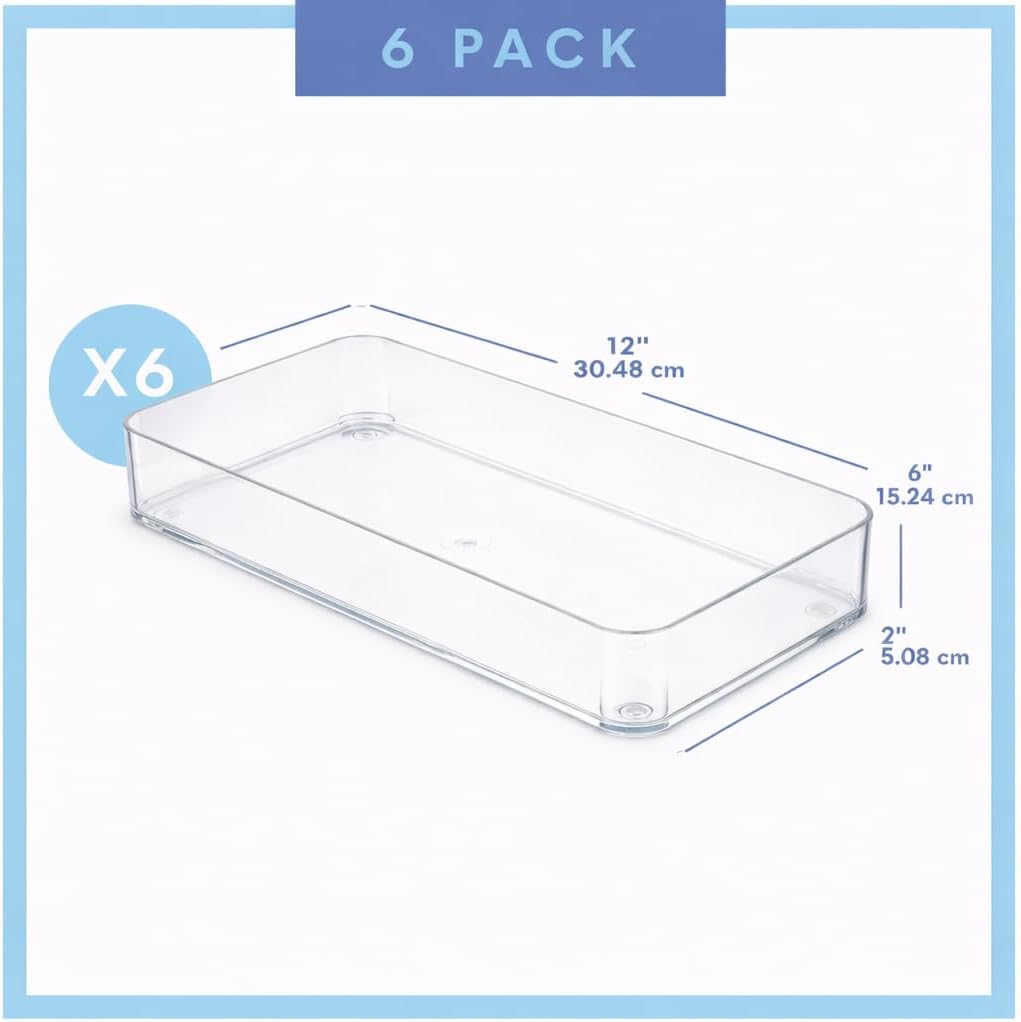 primebox Plastic Clear Drawer Organizers. Bathroom. Kitchen, Bedroom, Utensils, Office Organizer Bins, Storage Trays. Stackable. 9" x 6" x 2" Set of 6