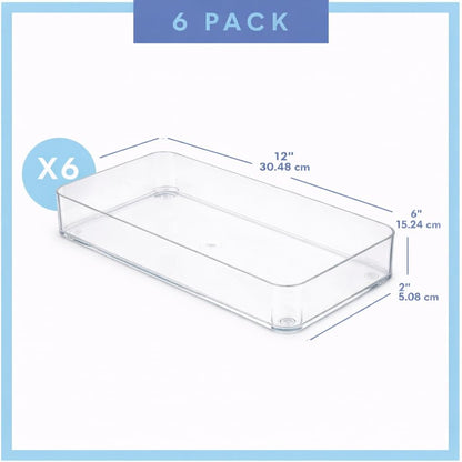 primebox Plastic Clear Drawer Organizers. Bathroom. Kitchen, Bedroom, Utensils, Office Organizer Bins, Storage Trays. Stackable. 9" x 6" x 2" Set of 6