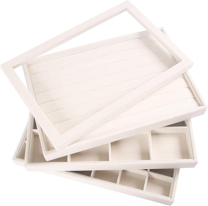 Coward Stackable Jewelry Trays Organizer Set with Clear Lid, Trays for Drawer, Earring Necklace Bracelet Ring Display Organizer (beige(ring+12girds+30girds+The glass lid))