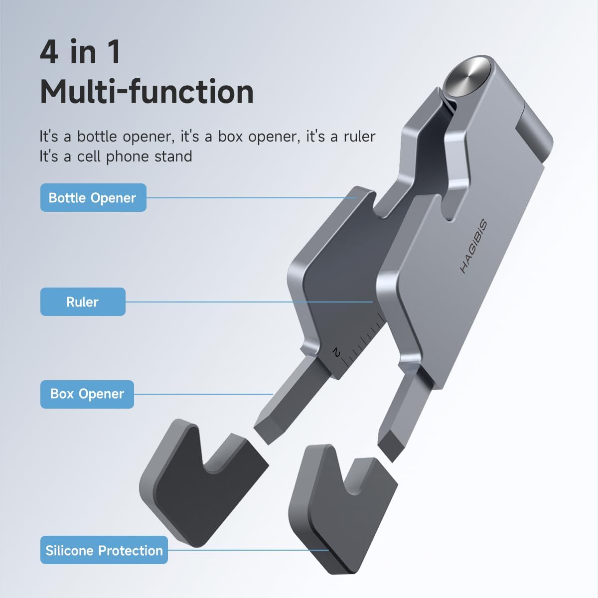 Hagibis Cell Phone Stand for Desk, 4 in 1 Foldable Aluminum Portable Travel Phone Holder with Bottle Opener, Box Opener, Ruler for iPhone 16 15 14 13 12 11 Pro Max Samsung Galaxy