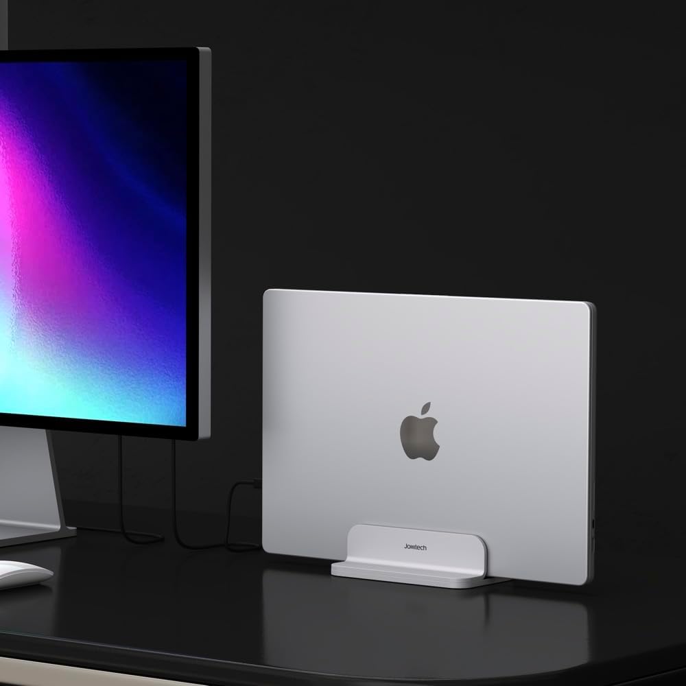 JOKItech Aluminum Laptop Vertical Stand Organizer, Sturdy Laptop Computer Holder Desktop Stand Compatible with new Retina Apple MacBook Pro/Air/Neo, Mac mini & iPad Pro - Black