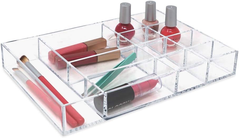 Isaac Jacobs 12-Compartment Clear Acrylic Drawer Organizer (9.4" L x 6.4" W x 1.3" H), Multi-Sectional Tray & Storage Solution for Makeup, School & Office Supplies, Bathroom, Kitchen