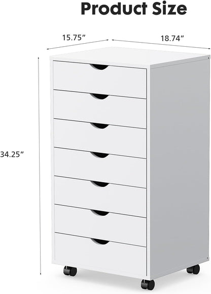 OLIXIS 7 Drawer Mobile File Cabinet Under Desk Storage Organization with Wheels Vertical Filing Chest Rolling Wood Small Desk Printer Stand for Home Office, 15.75"D x 18.74"W x 34.25"H, Black