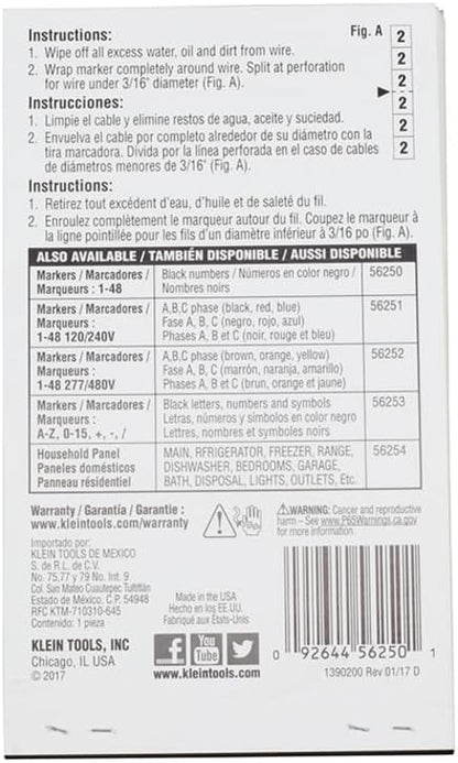 Klein Tools 56250 Wire Marker Book for Cable Management, Electric Panel Organization Wire Label Stickers, Numbered 1-48