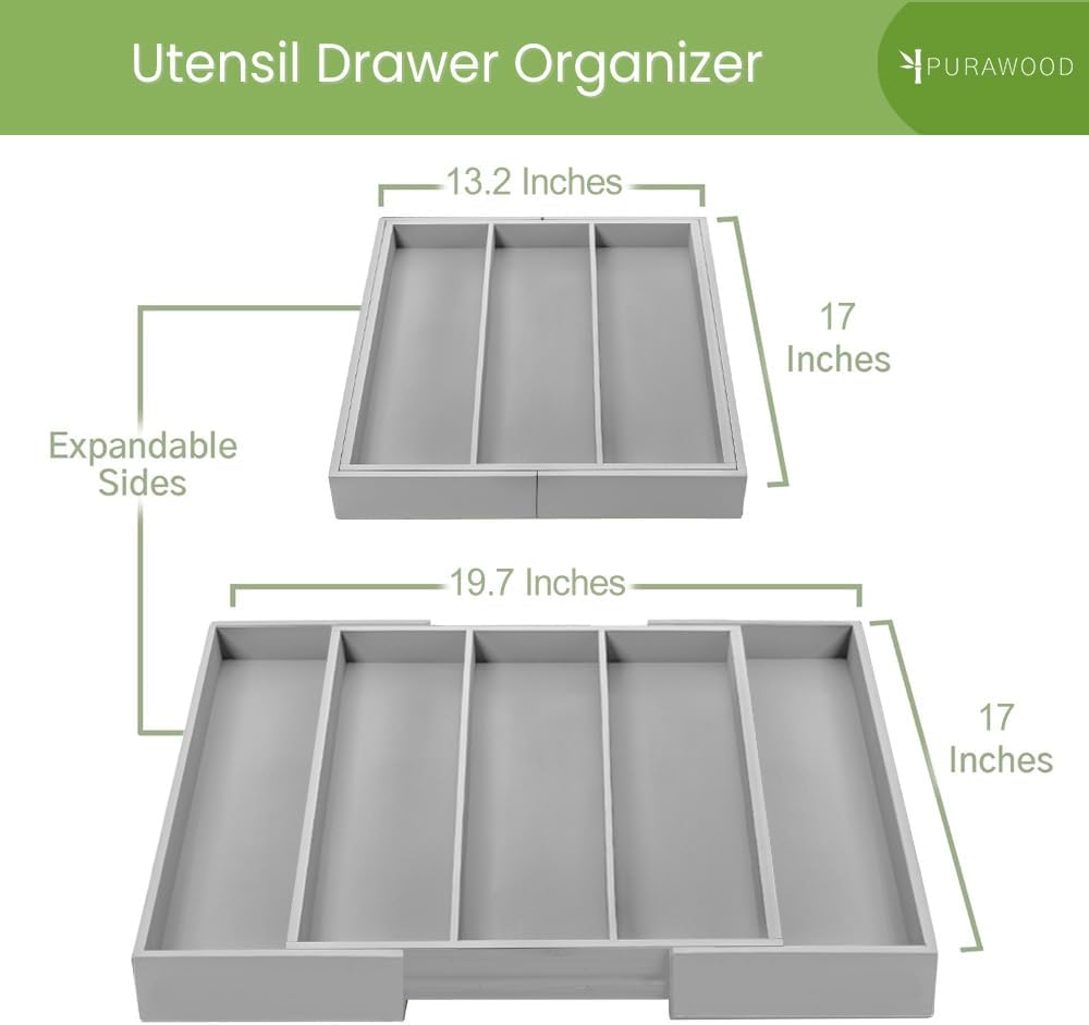 Purawood Kitchen Drawer Organizer - Expandable Utensil Drawer Organizer for Kitchen, Cutlery Tray & Silverware Organizer, 3-5 Slots - Bamboo Organizer for Utensils & Flatware (Natural)