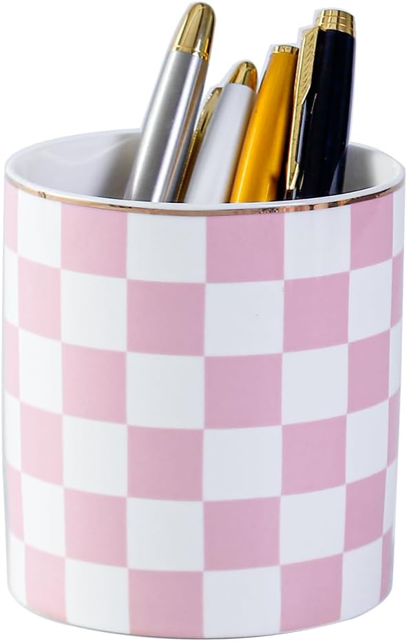 Ceramic Checkered Pen Holder For Desk Cute Stand Gold Line Pencil Cup Pot Desk Organizer Makeup Brush Holder for Girls,Women (Pink-white)