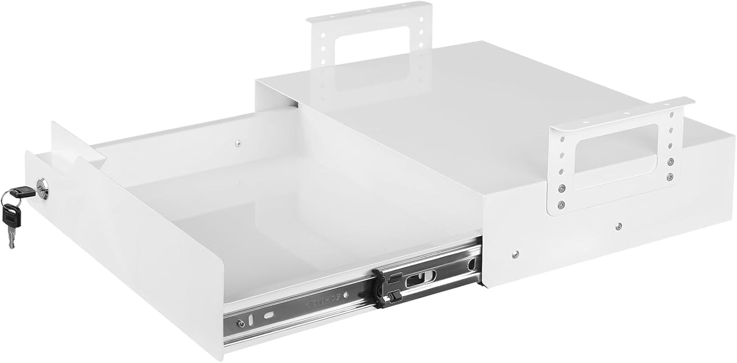 Under Desk Drawer Storage with Lock, Metal Undermount Table Drawer, Ball Bearing Slides Out Tray Organizer for Paper, Pencil, and Laptop 16"x11.8"x3.6", White