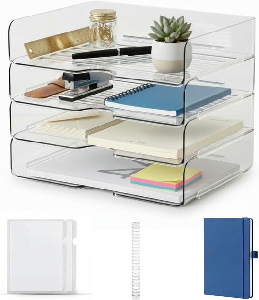 Acrylic File Organizer with 1 Ring Binder, 2 Clear Files & 1 Diary – 4 Tier Stackable Paper Letter Tray Desk Organizer, Clear Document Holder for Letter/A4, Office Files, Notes & Home Office Storage