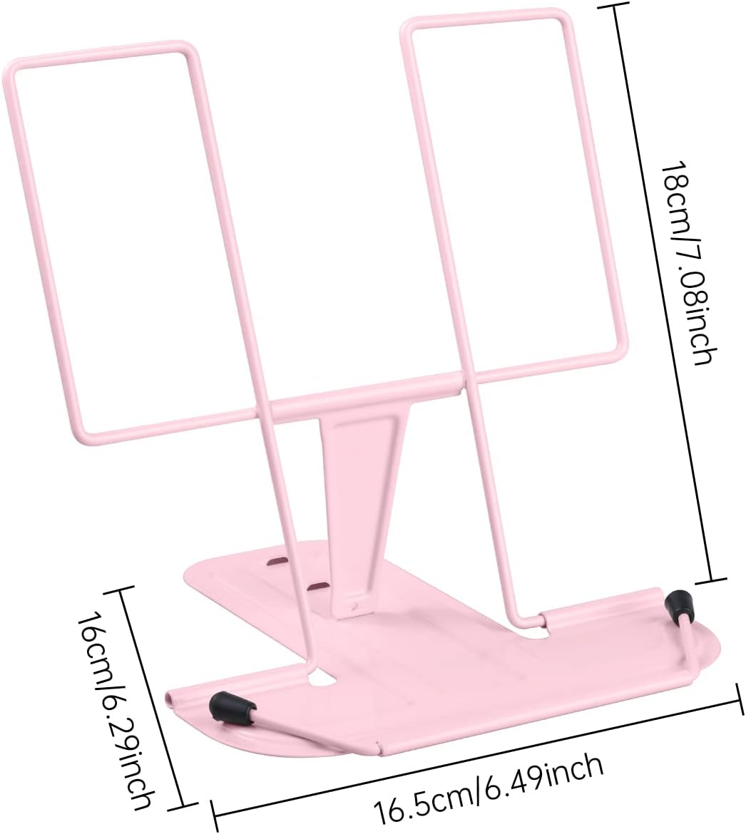 MSDADA Metal Book Stand for Desk, Adjustable Reading Rest Book Holder, Portable Cookbook Documents Holder, Sturdy Typing Stand for Recipes Textbooks Tablet Music Books with Page Clips (Macaron Pink)