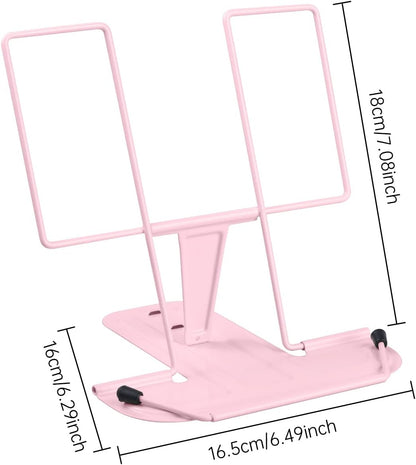 MSDADA Metal Book Stand for Desk, Adjustable Reading Rest Book Holder, Portable Cookbook Documents Holder, Sturdy Typing Stand for Recipes Textbooks Tablet Music Books with Page Clips (Macaron Pink)