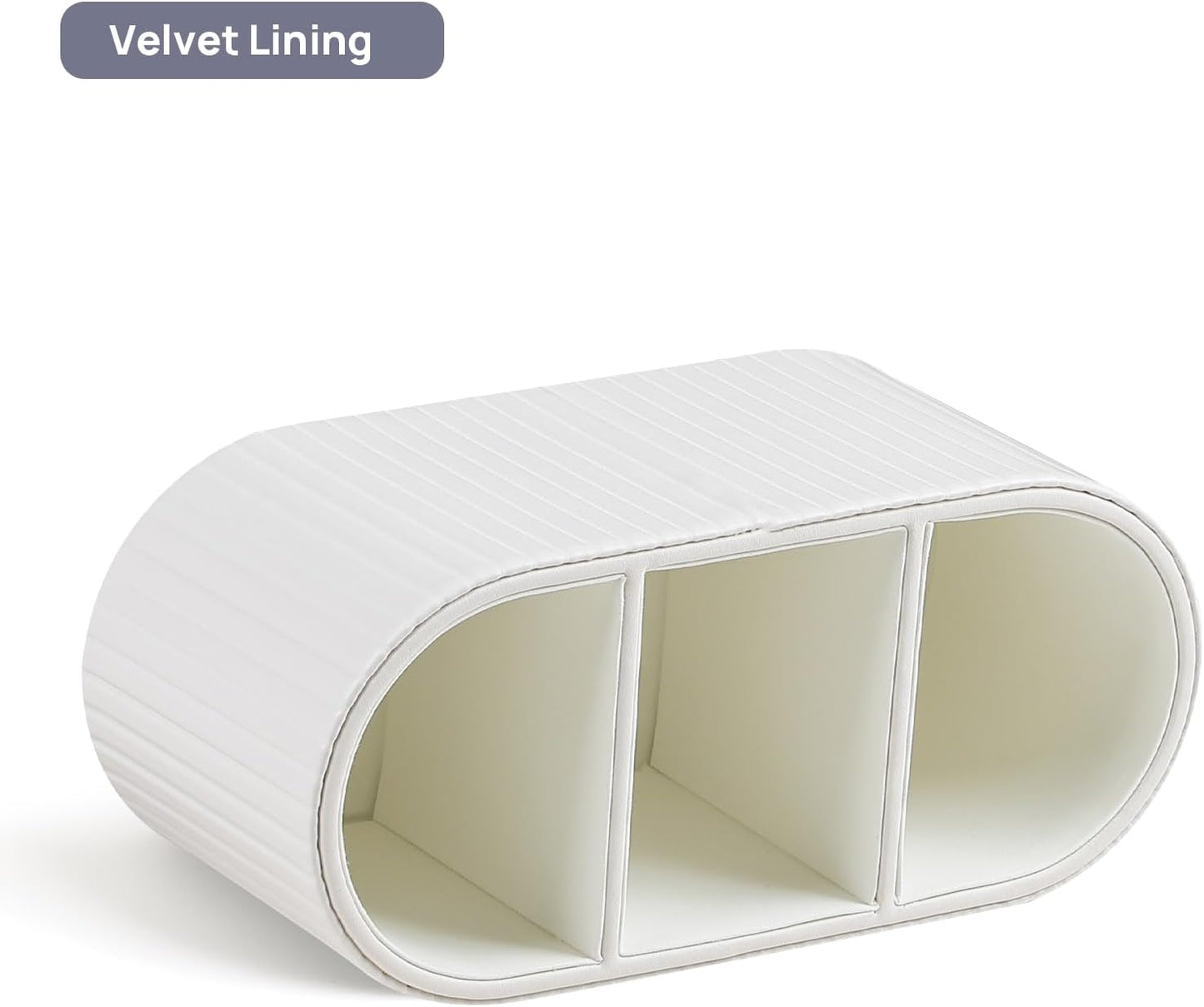 Oval Pen Holder for Desk, Remote Control Holder with 3 Compartments, PU Leather Small Desk Organizer Remote Caddy, Aesthetic Pencil Holder Desk Accessories for Home Office (Ivory)