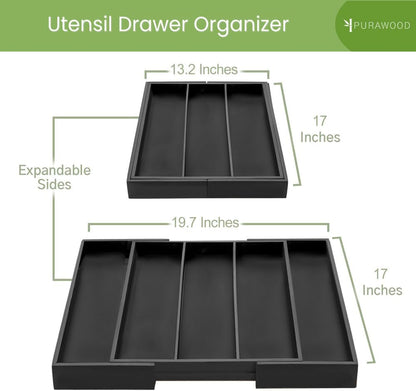 Purawood Kitchen Drawer Organizer - Expandable Utensil Drawer Organizer for Kitchen, Cutlery Tray & Silverware Organizer, 3-5 Slots - Bamboo Organizer for Utensils & Flatware (Natural)