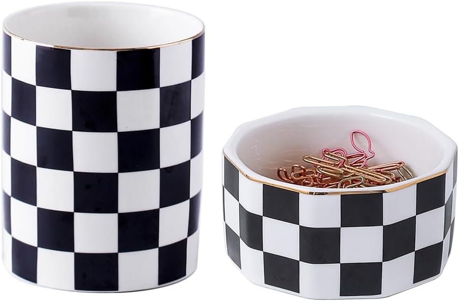 Aesthetic Desk Organizer Set of 2 For Office, Checkered Pen Holder and Paper Clip Holder Dispenser, Ceramic Cute Pencil Cup, Desktop Accessories, Office Decor, Ideal Gifts for Mom (Pink-White)