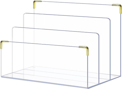 pbf Acrylic File Holder | Clear Acrylic Desk Organizer with Gold Accents | 3-Level Folder Holder, Mail Sorter, & Laptop Stand