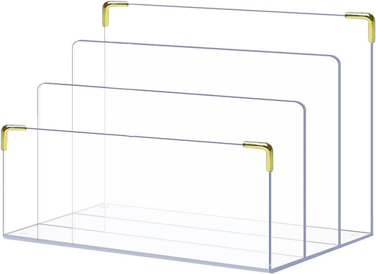 pbf Acrylic File Holder | Clear Acrylic Desk Organizer with Gold Accents | 3-Level Folder Holder, Mail Sorter, & Laptop Stand