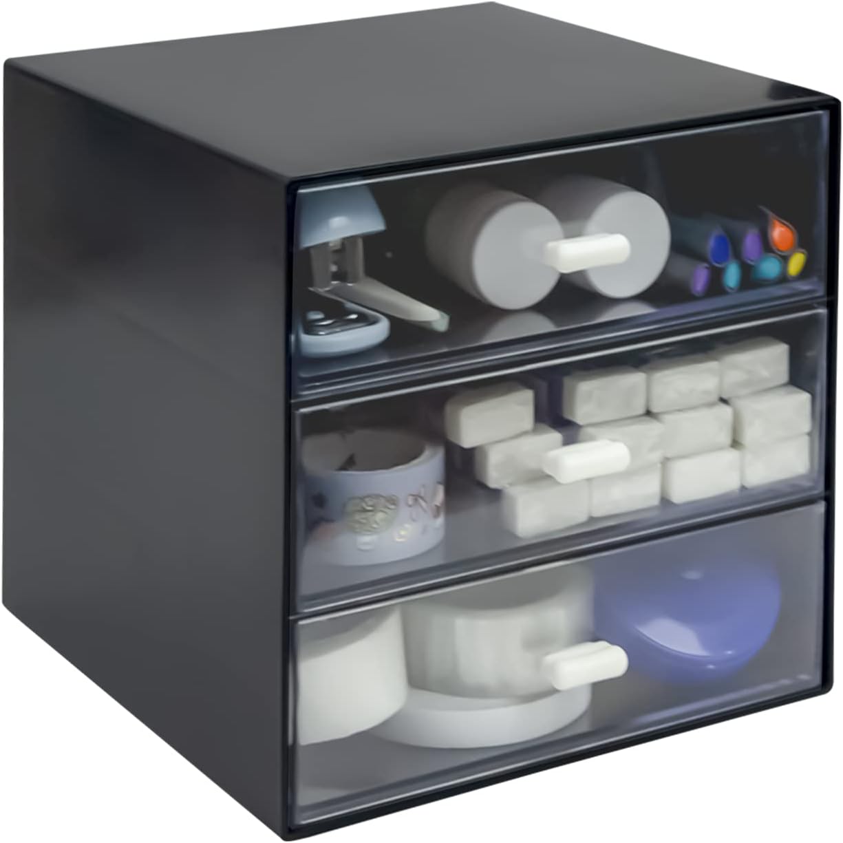 Desk Organizer with Drawer, Desk Storage Box, Plastic Office Stationery Supplies Organizers, Desktop Organizer for Office School Home (4 drawer, Black)