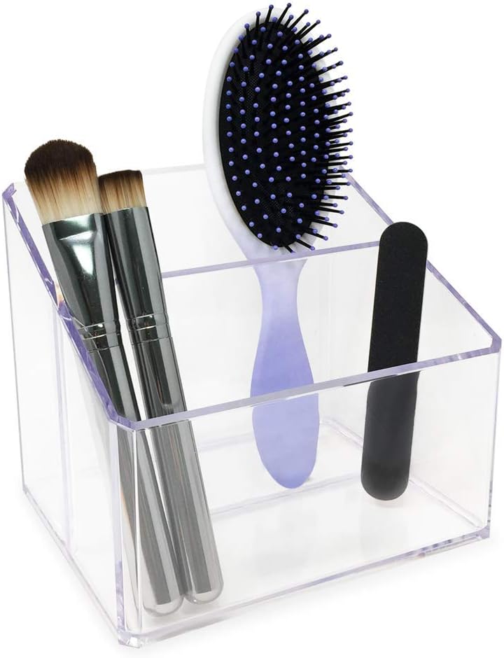 Isaac Jacobs Clear Acrylic 3-Compartment Organizer, Remote Holder & Multi-Functional Makeup, Brush, Pen & Pencil Storage Solution, for The Home, Bathroom, Office, Child’s Desk (3-Section, Clear)